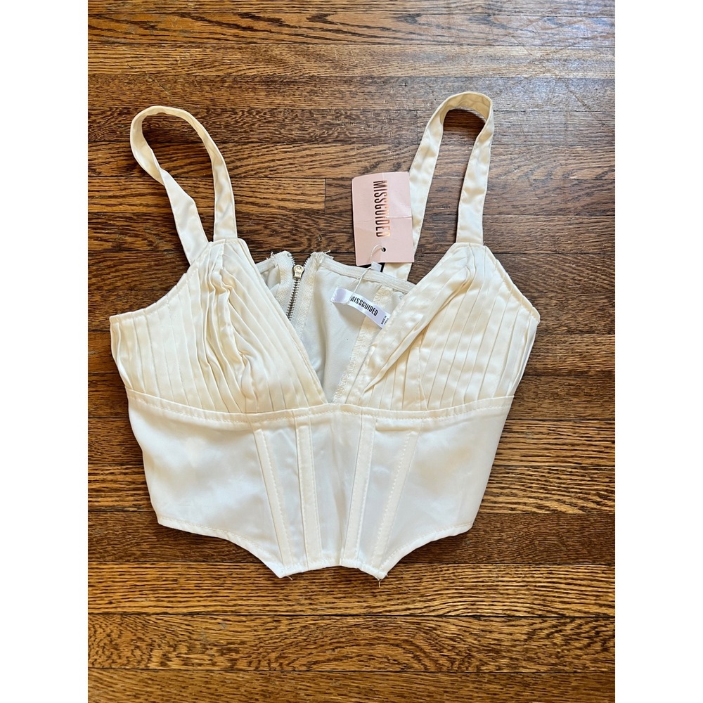 Missguided Ivory Cream Satin Seam Detail Corset Top Pleated Bust NWT US 6